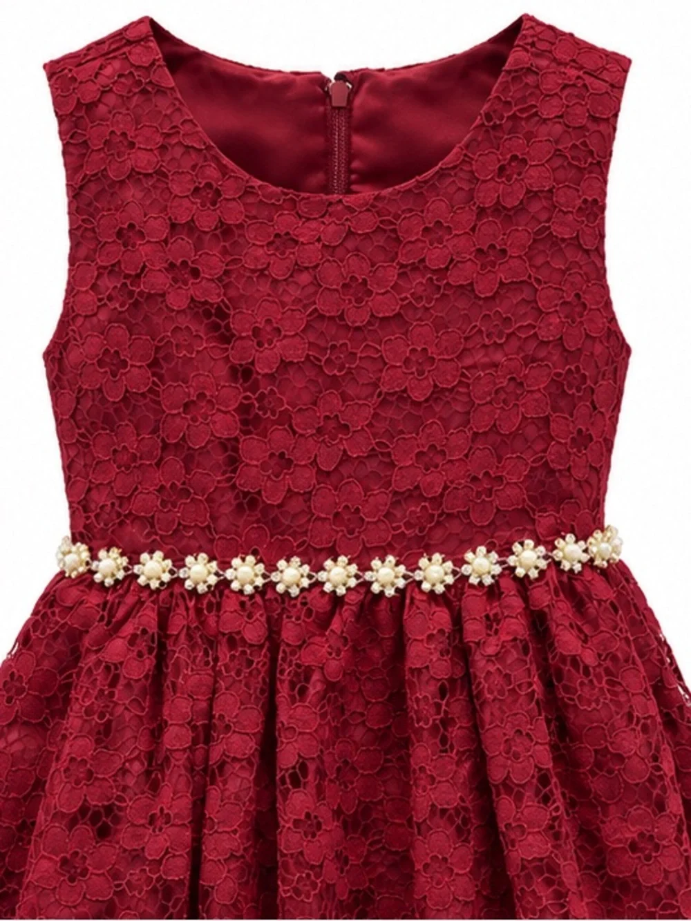 American Princess Burgundy Lace Formal Dress with Pearl Flower Belt